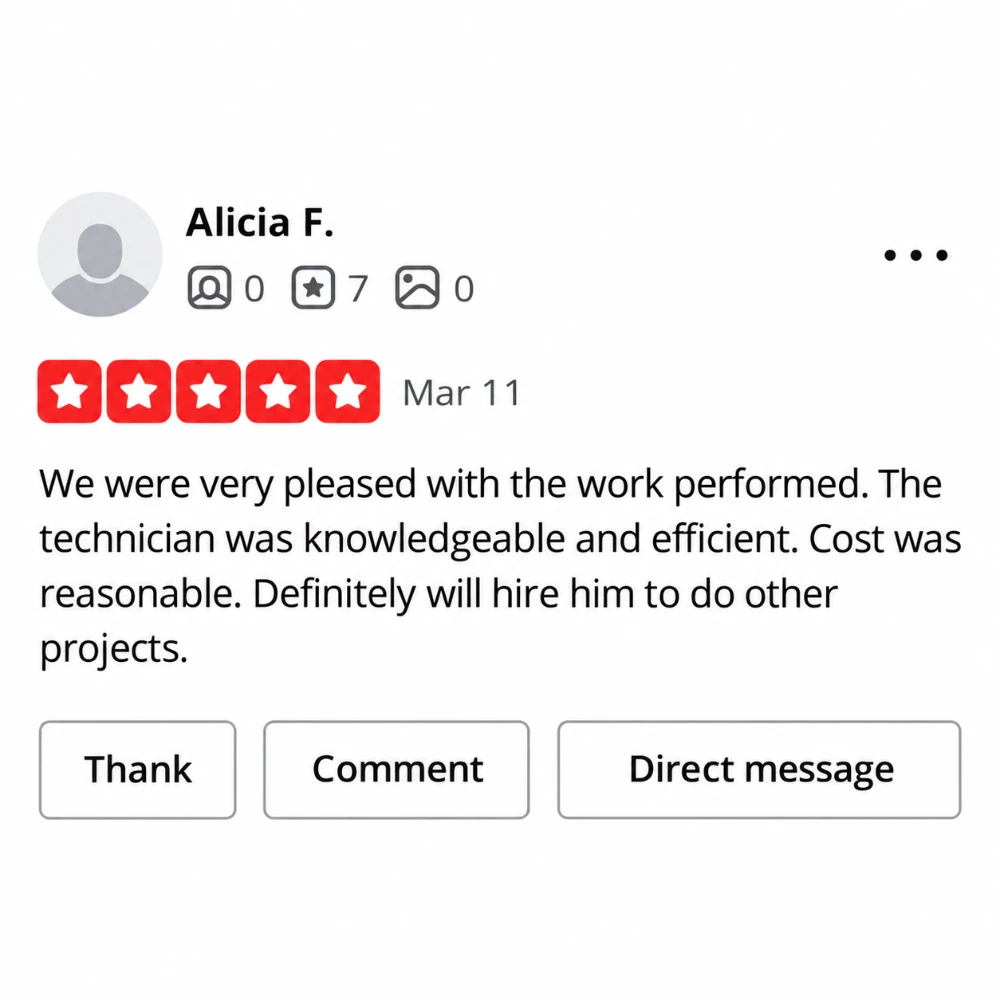 5-star Yelp review screenshot from Alicia F.