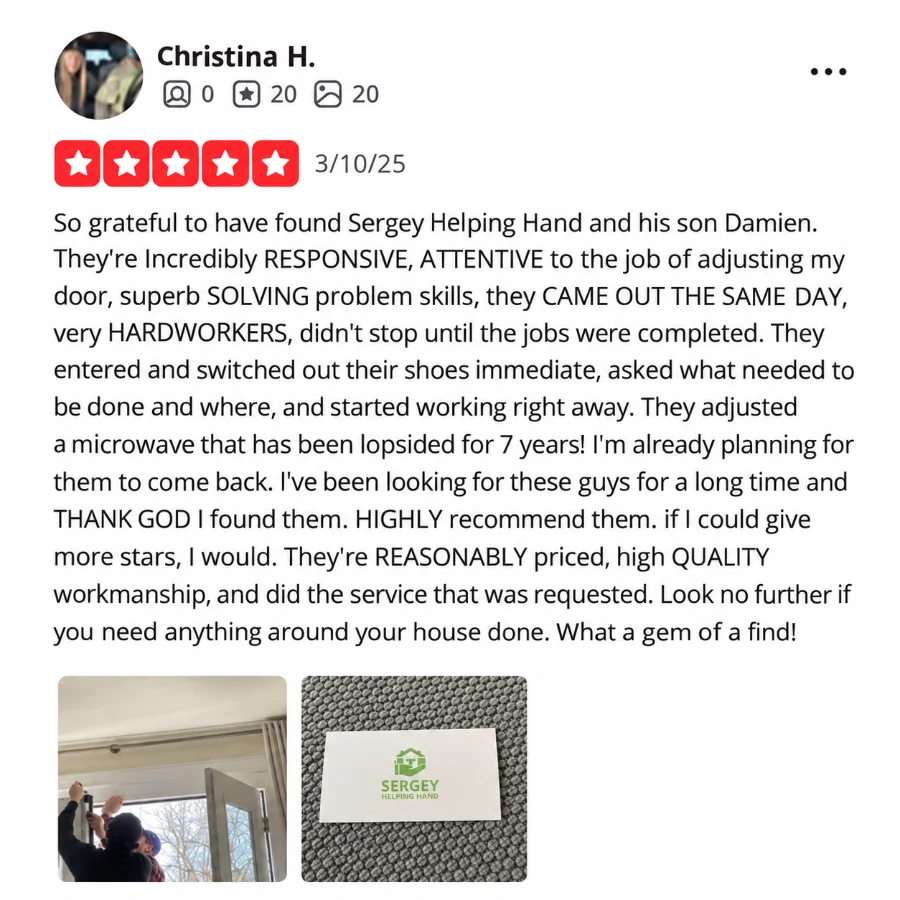 5-star Yelp review screenshot from Christina H. with photos of a door adjustment